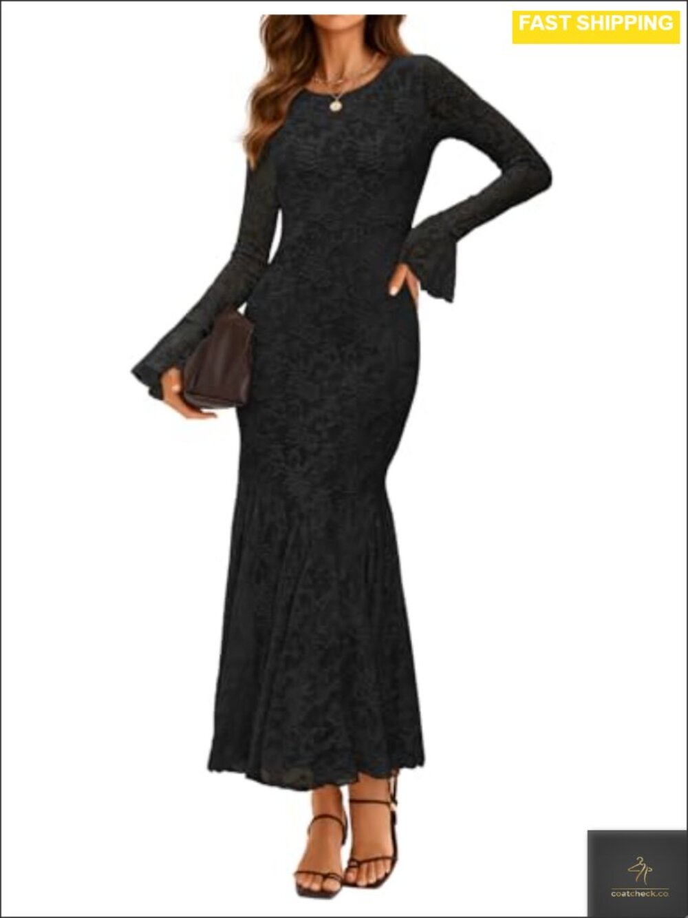 Long Sleeve Floral Lace Bodycon Maxi Dress Bell Sleeve Wedding Guest